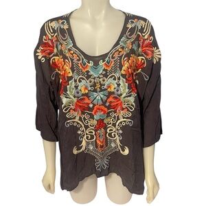 Johnny Was Embroidered Floral Gray Silk Blouse Sz M